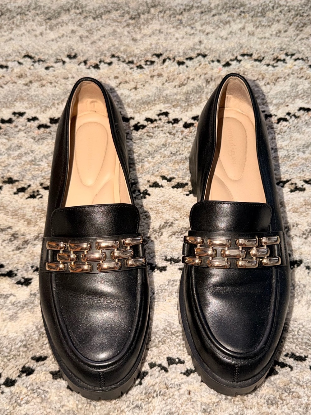 ANTONIO MELANI Black Leather Loafers with Gold Chain Accent